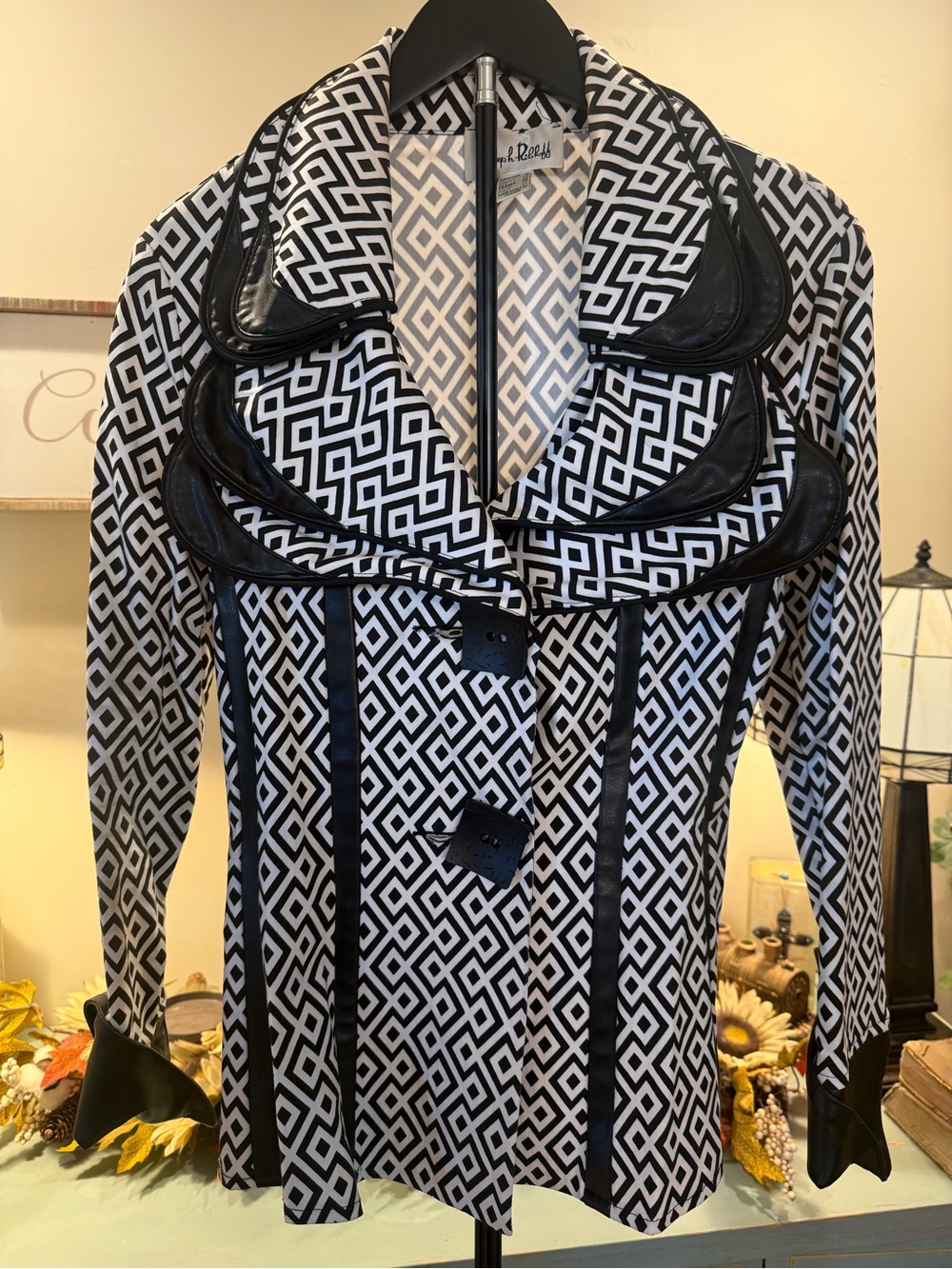 Joseph Ribkoff Black White Geometric Ruffle Jacket Faux Leather Trim Size 10